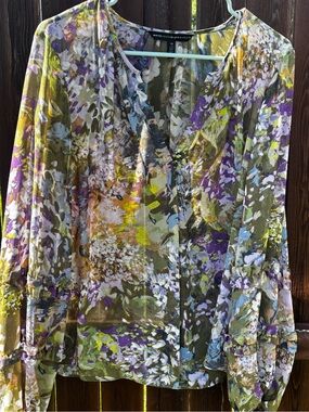 2 pieces White House Black Market Floral Sheer Blouse in Purple, Olive & Cream